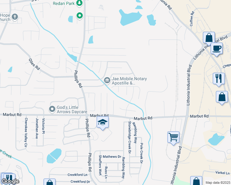 map of restaurants, bars, coffee shops, grocery stores, and more near 2035 Marbut Trce in Lithonia
