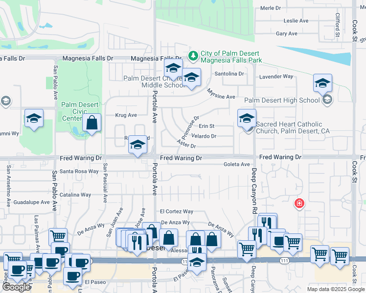 map of restaurants, bars, coffee shops, grocery stores, and more near 43880 Primrose Drive in Palm Desert