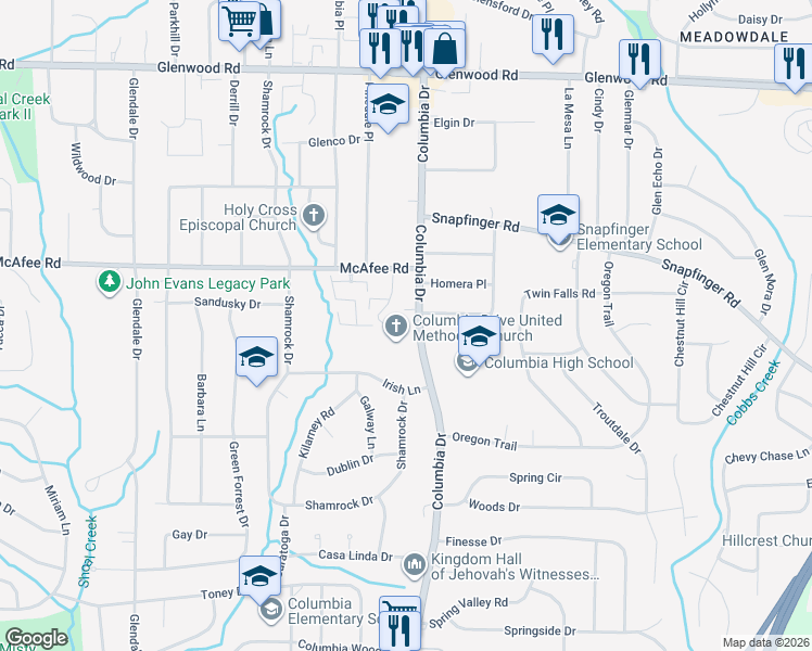 map of restaurants, bars, coffee shops, grocery stores, and more near in Candler-McAfee