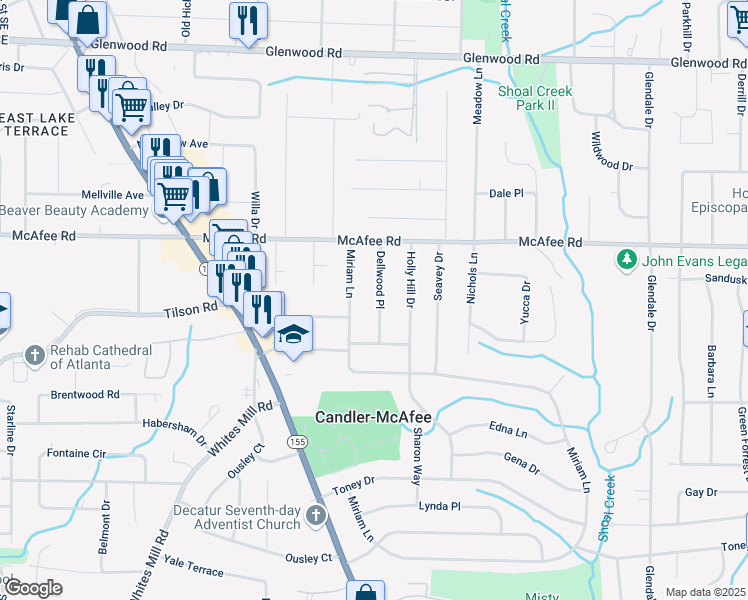 map of restaurants, bars, coffee shops, grocery stores, and more near 2075 Dellwood Place in Decatur
