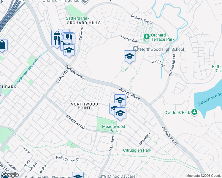 map of restaurants, bars, coffee shops, grocery stores, and more near 712 Timberwood in Irvine