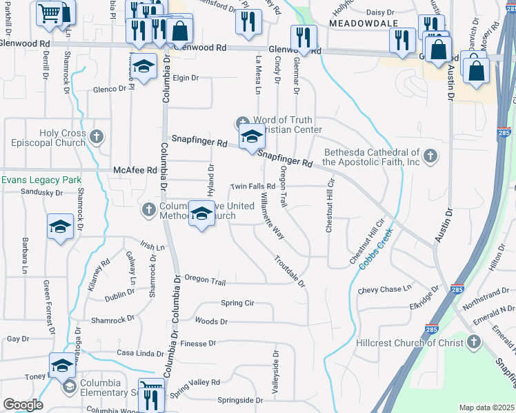 map of restaurants, bars, coffee shops, grocery stores, and more near 2071 Willamette Way in Decatur