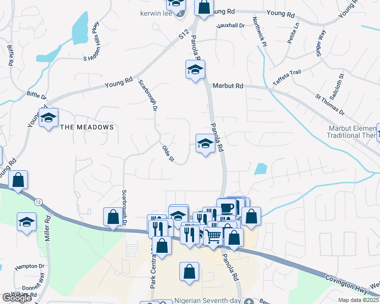 map of restaurants, bars, coffee shops, grocery stores, and more near 2170 Panola Way Court in Lithonia