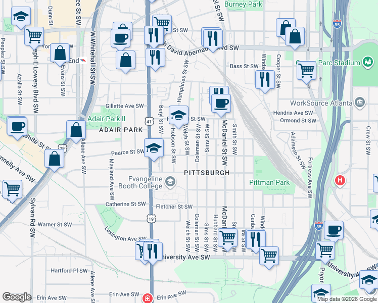 map of restaurants, bars, coffee shops, grocery stores, and more near 953 Welch Street Southwest in Atlanta
