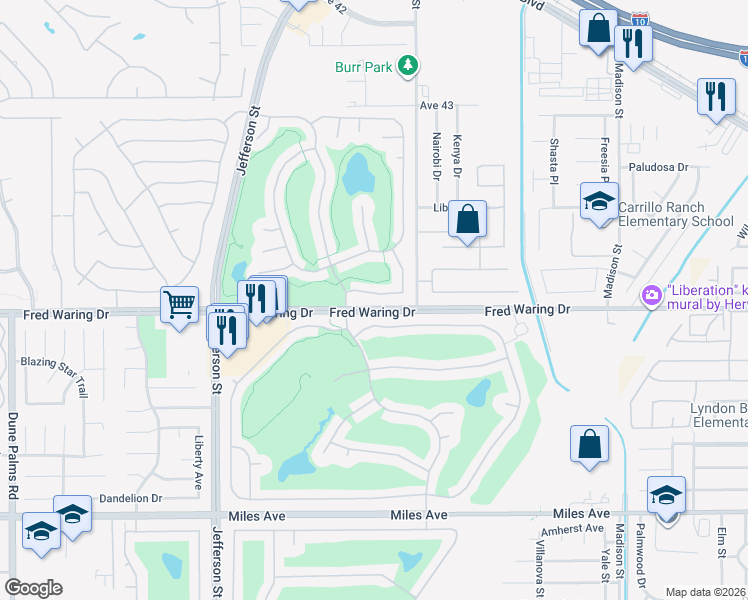 map of restaurants, bars, coffee shops, grocery stores, and more near 80411 Portobello Drive in Indio