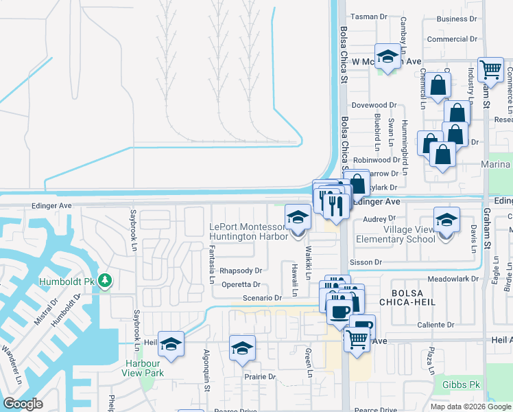 map of restaurants, bars, coffee shops, grocery stores, and more near 16002 Ballad Lane in Huntington Beach
