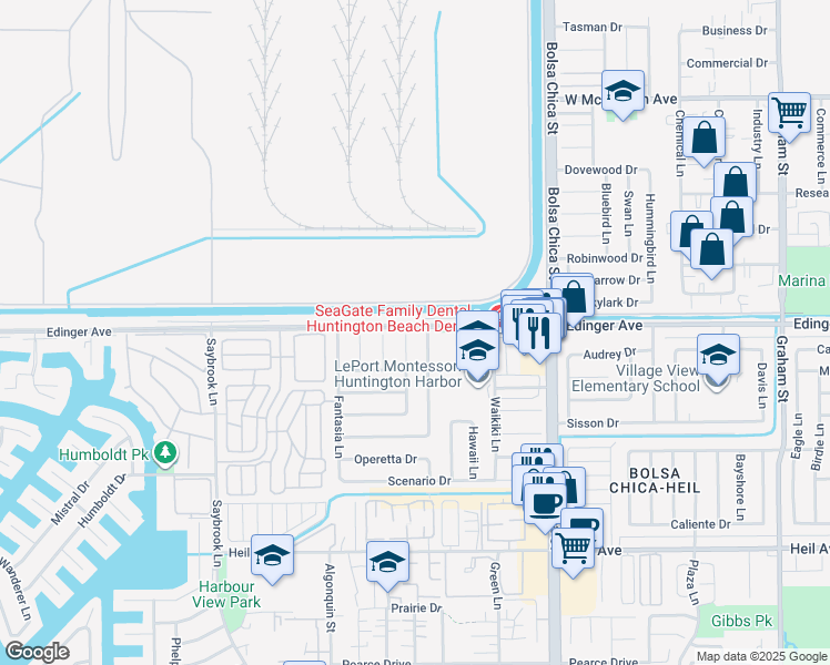 map of restaurants, bars, coffee shops, grocery stores, and more near 16002 Ballad Lane in Huntington Beach
