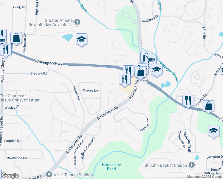 map of restaurants, bars, coffee shops, grocery stores, and more near 2025 Redwater Drive in Decatur