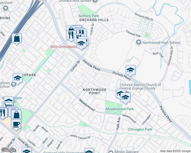 map of restaurants, bars, coffee shops, grocery stores, and more near 50 Paisley Place in Irvine
