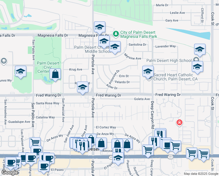 map of restaurants, bars, coffee shops, grocery stores, and more near 43880 Primrose Drive in Palm Desert