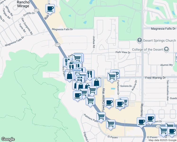 map of restaurants, bars, coffee shops, grocery stores, and more near 72440 Manzanita Drive in Palm Desert