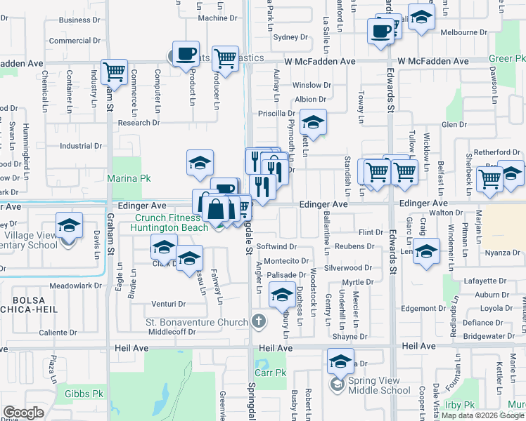 map of restaurants, bars, coffee shops, grocery stores, and more near 16072 Springdale Street in Huntington Beach