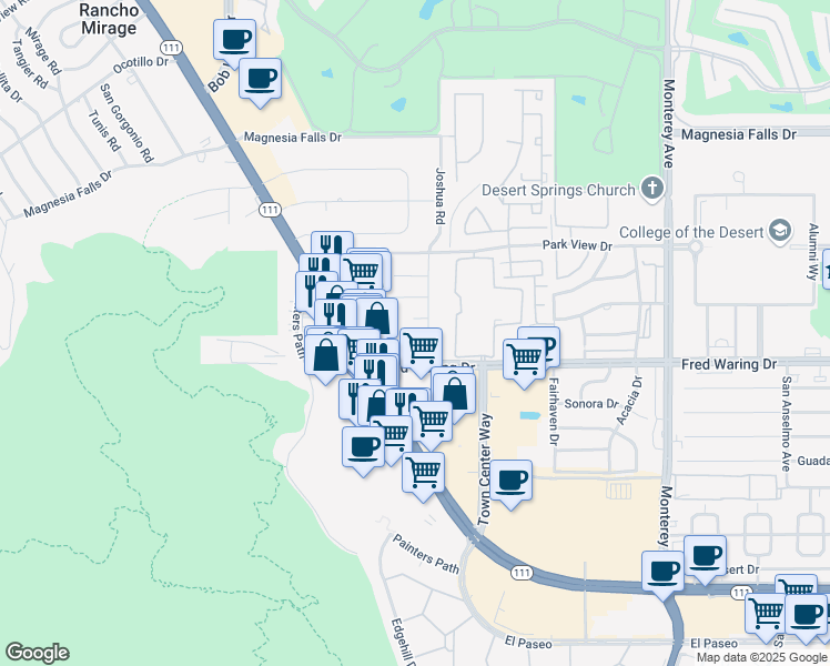 map of restaurants, bars, coffee shops, grocery stores, and more near 72440 Manzanita Drive in Palm Desert