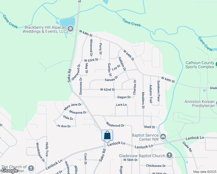 map of restaurants, bars, coffee shops, grocery stores, and more near 712 West 62nd Street in Anniston