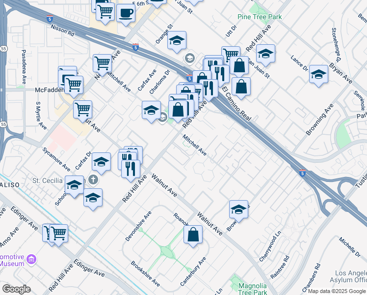 map of restaurants, bars, coffee shops, grocery stores, and more near 1596 Mitchell Avenue in Tustin