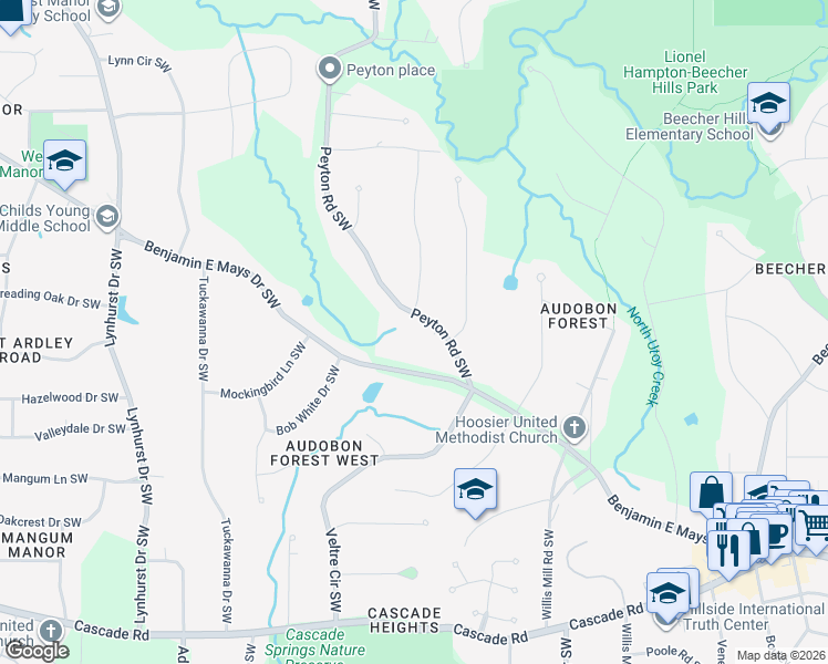 map of restaurants, bars, coffee shops, grocery stores, and more near 2719 Benjamin E Mays Drive Southwest in Atlanta