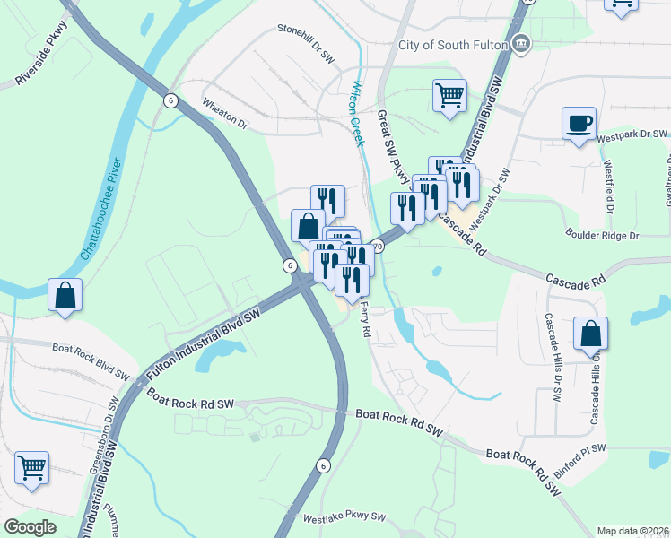 map of restaurants, bars, coffee shops, grocery stores, and more near 6035 Bakers Ferry Road Southwest in Atlanta