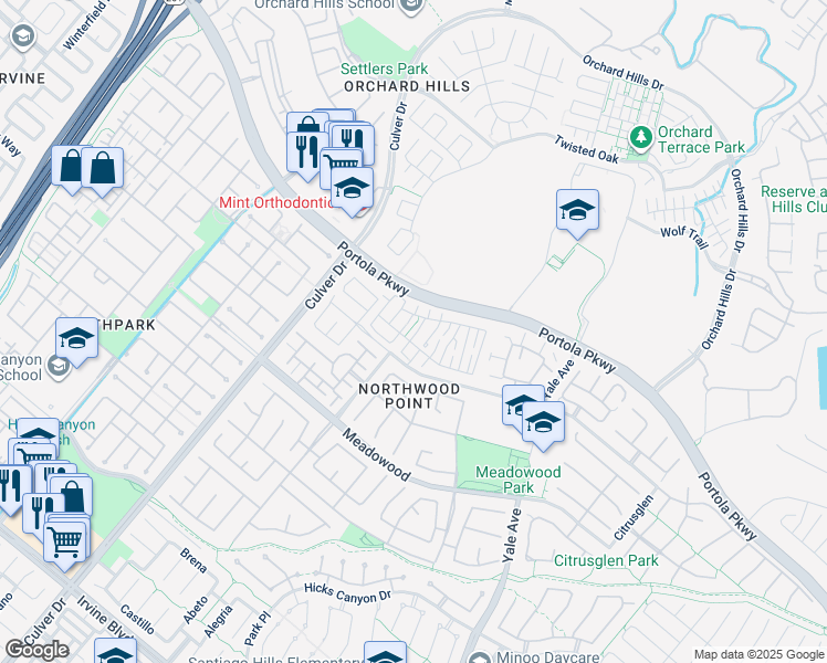 map of restaurants, bars, coffee shops, grocery stores, and more near 50 Paisley Place in Irvine