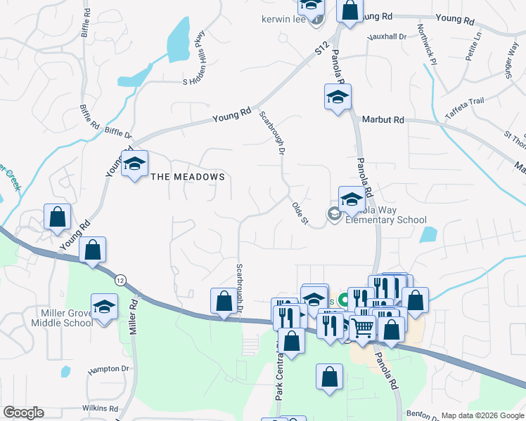 map of restaurants, bars, coffee shops, grocery stores, and more near 2101 Scarbrough Drive in Stone Mountain