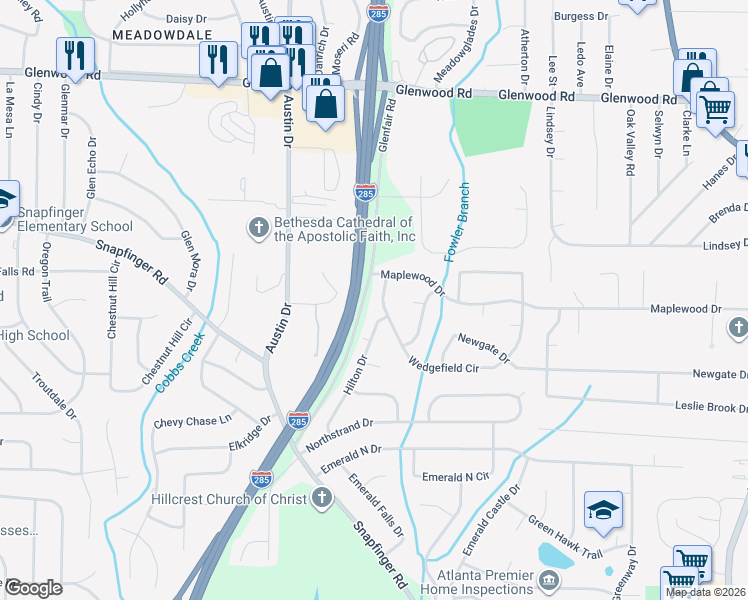 map of restaurants, bars, coffee shops, grocery stores, and more near 3851 Wedgefield Cir in Decatur