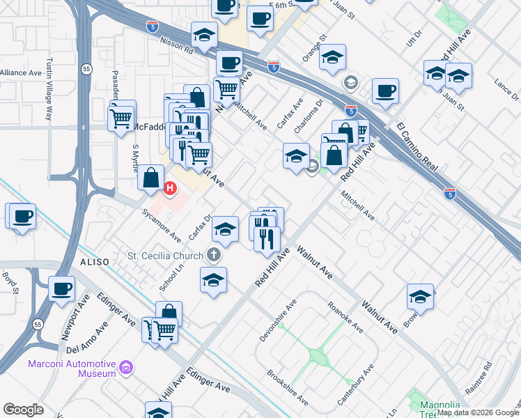 map of restaurants, bars, coffee shops, grocery stores, and more near 14481 Denbigh Lane in Tustin