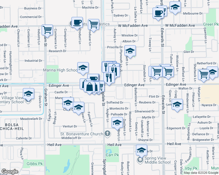 map of restaurants, bars, coffee shops, grocery stores, and more near 6042 Edinger Avenue in Huntington Beach