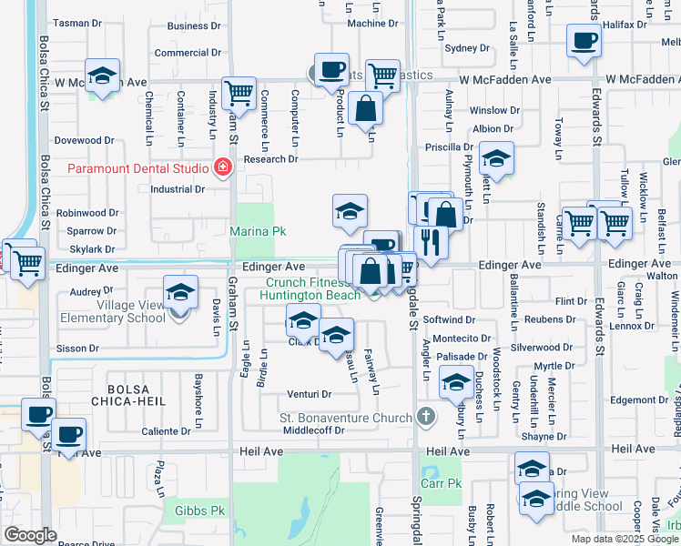 map of restaurants, bars, coffee shops, grocery stores, and more near 5782 Castle Drive in Huntington Beach