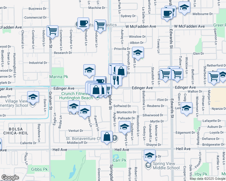 map of restaurants, bars, coffee shops, grocery stores, and more near 6012 Edinger Avenue in Huntington Beach