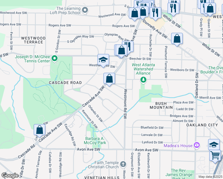 map of restaurants, bars, coffee shops, grocery stores, and more near 1583 Pineview Terrace Southwest in Atlanta