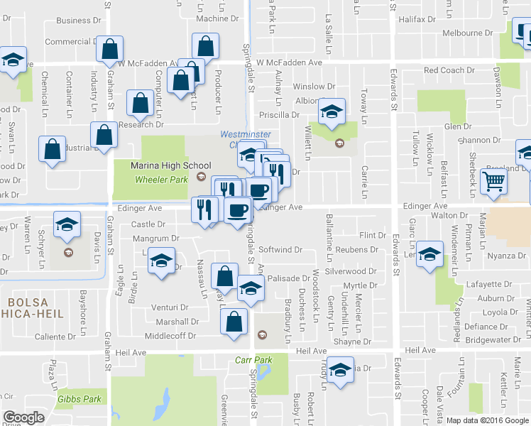 map of restaurants, bars, coffee shops, grocery stores, and more near 6042 Edinger Avenue in Huntington Beach