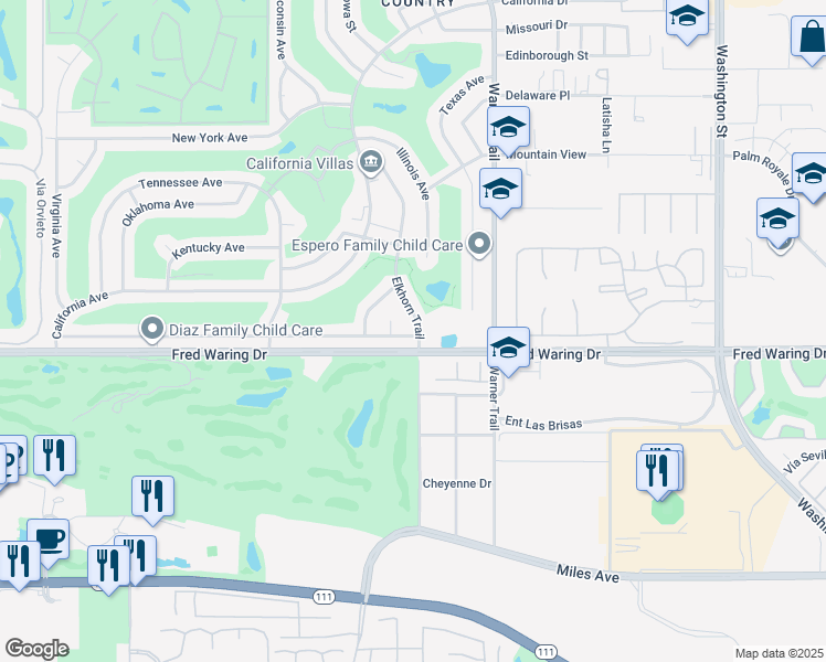 map of restaurants, bars, coffee shops, grocery stores, and more near 77340 Florida Avenue in Palm Desert
