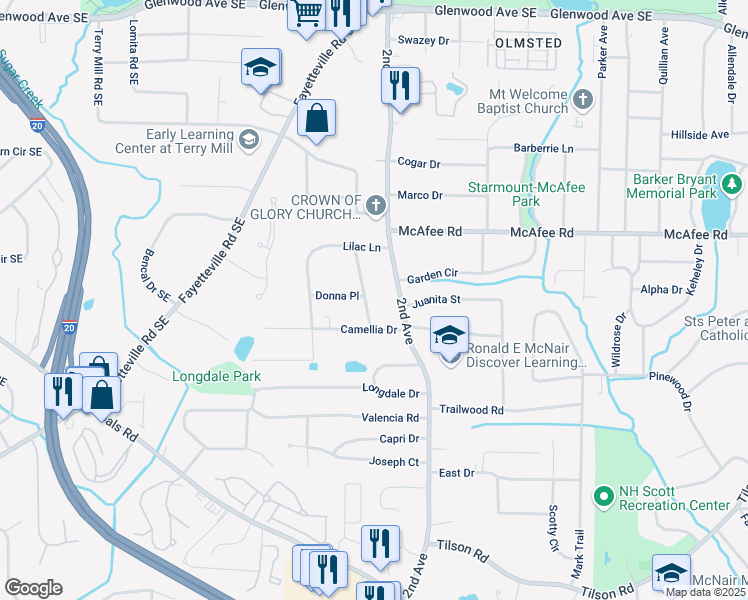map of restaurants, bars, coffee shops, grocery stores, and more near 1942 Camellia Drive in Decatur
