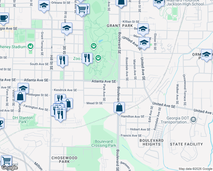 map of restaurants, bars, coffee shops, grocery stores, and more near 930 Park Avenue Southeast in Atlanta