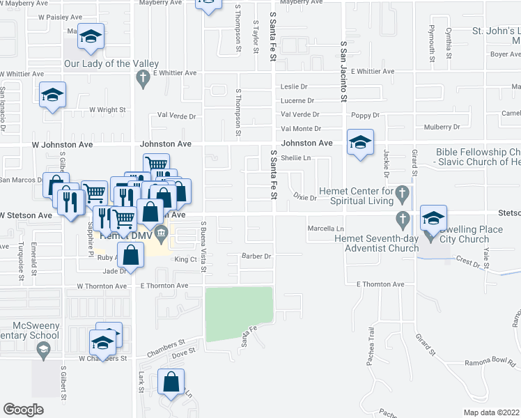 map of restaurants, bars, coffee shops, grocery stores, and more near 802 East Stetson Avenue in Hemet