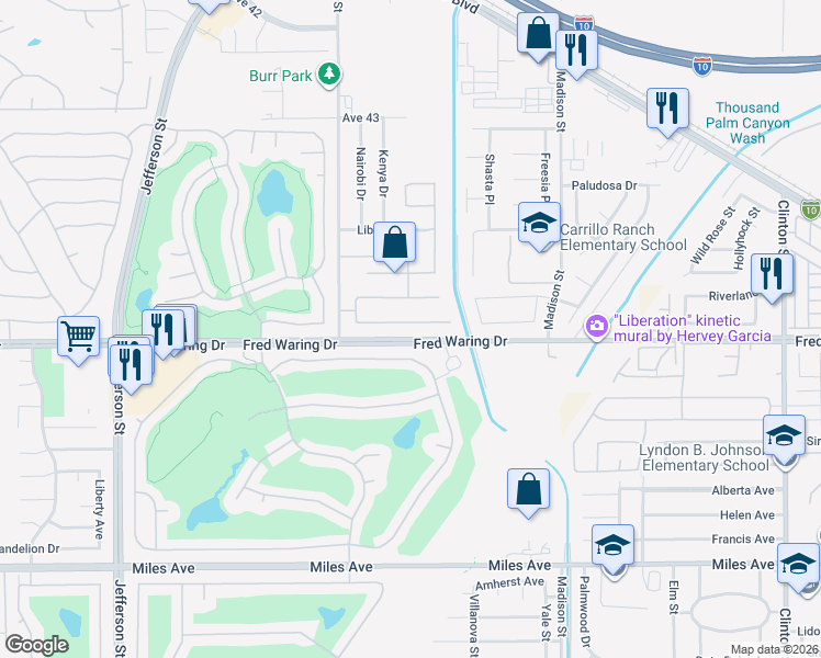 map of restaurants, bars, coffee shops, grocery stores, and more near 80625 Virginia Avenue in Indio