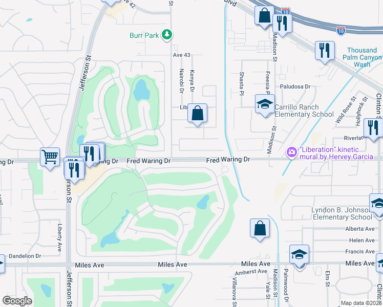 map of restaurants, bars, coffee shops, grocery stores, and more near 80559 Virginia Avenue in Indio