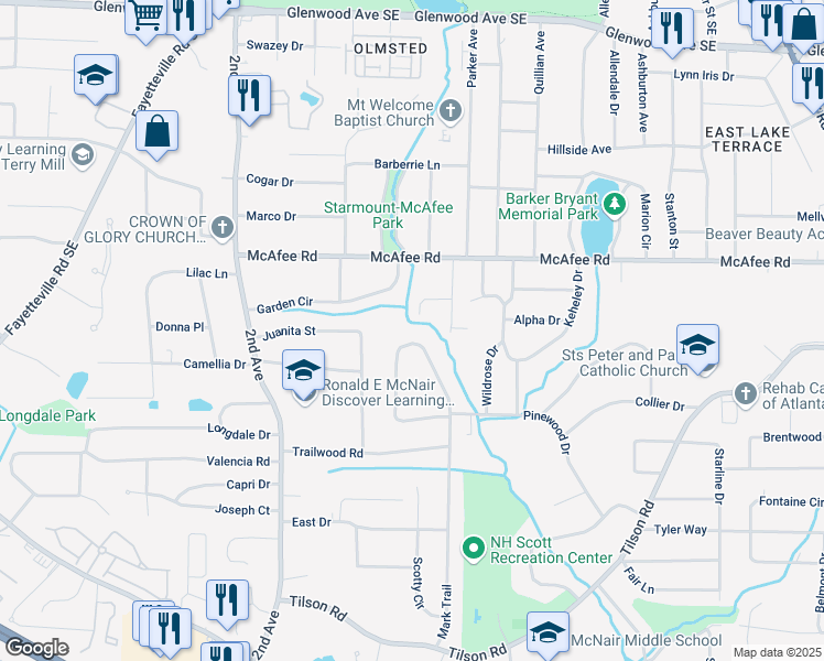 map of restaurants, bars, coffee shops, grocery stores, and more near 2073 Mark Trail in Decatur