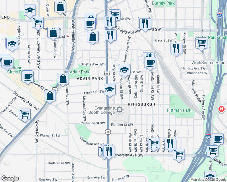 map of restaurants, bars, coffee shops, grocery stores, and more near 568 Mary Street Southwest in Atlanta