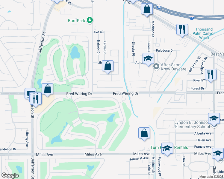 map of restaurants, bars, coffee shops, grocery stores, and more near 80296 Royal Dornoch Drive in Indio