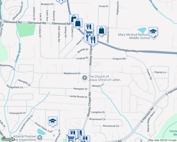 map of restaurants, bars, coffee shops, grocery stores, and more near 4280 Maplewood Drive in Decatur