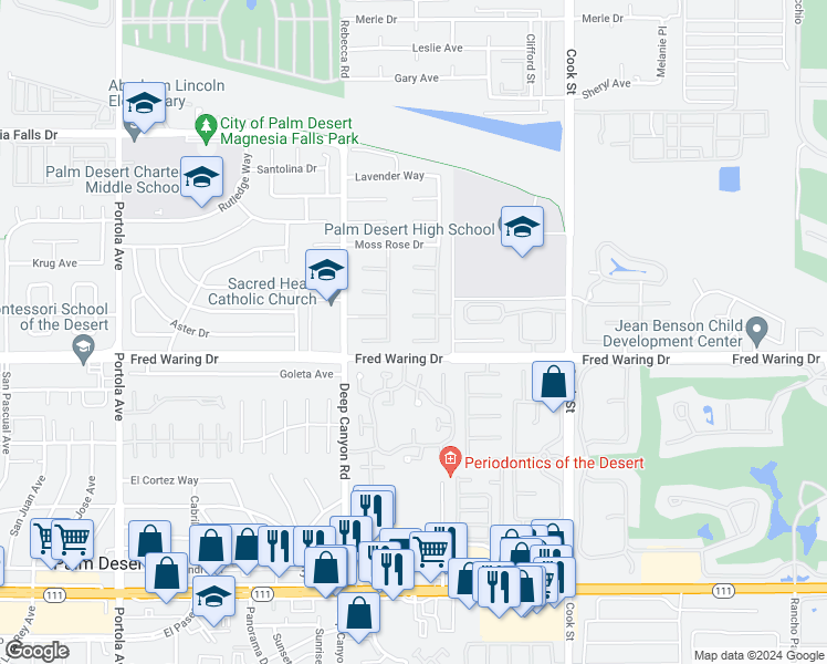 map of restaurants, bars, coffee shops, grocery stores, and more near 48 Orquidia Court in Palm Desert