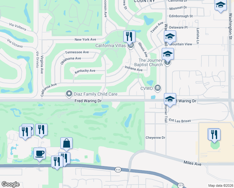 map of restaurants, bars, coffee shops, grocery stores, and more near 77120 Florida Avenue in Palm Desert