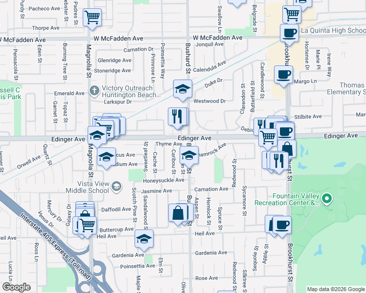 map of restaurants, bars, coffee shops, grocery stores, and more near 16055 Gallatin Street in Fountain Valley