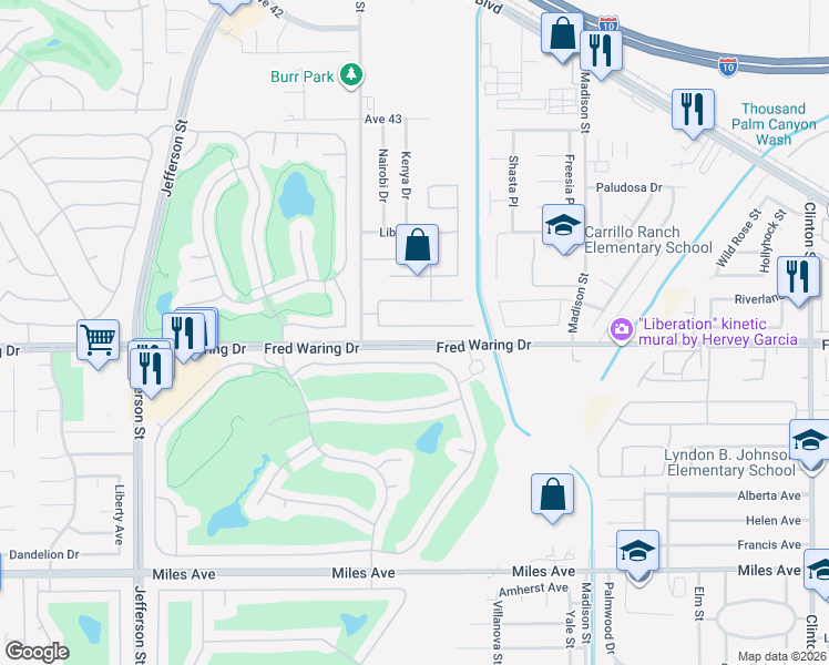 map of restaurants, bars, coffee shops, grocery stores, and more near 80296 Royal Dornoch Drive in Indio