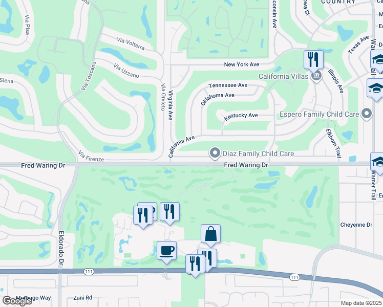 map of restaurants, bars, coffee shops, grocery stores, and more near 76612 Florida Avenue in Palm Desert