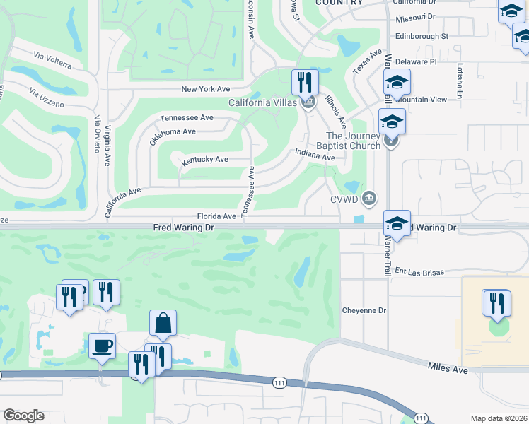 map of restaurants, bars, coffee shops, grocery stores, and more near 77080 Florida Avenue in Palm Desert