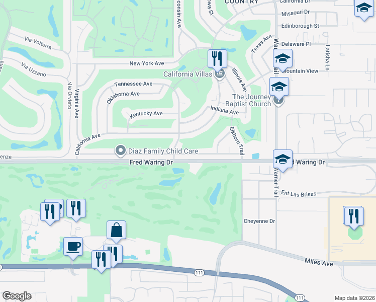 map of restaurants, bars, coffee shops, grocery stores, and more near 77080 Florida Avenue in Palm Desert