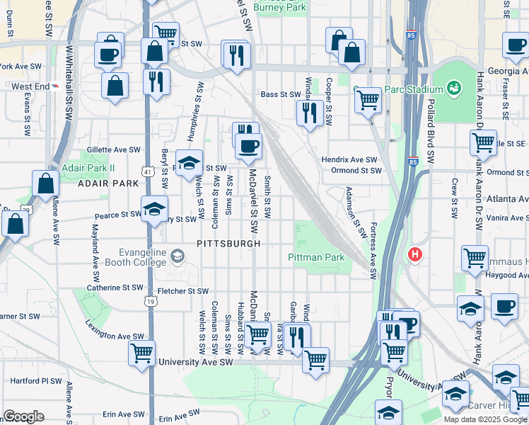 map of restaurants, bars, coffee shops, grocery stores, and more near 923 Smith Street Southwest in Atlanta