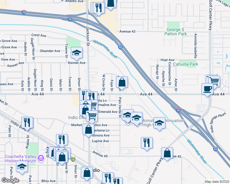 map of restaurants, bars, coffee shops, grocery stores, and more near 44093 Palo Verde Street in Indio