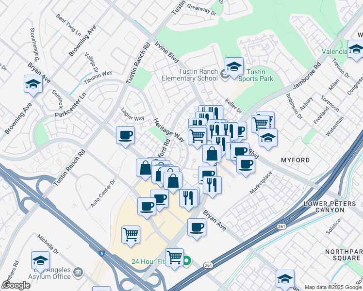 map of restaurants, bars, coffee shops, grocery stores, and more near 13385 Savanna in Tustin